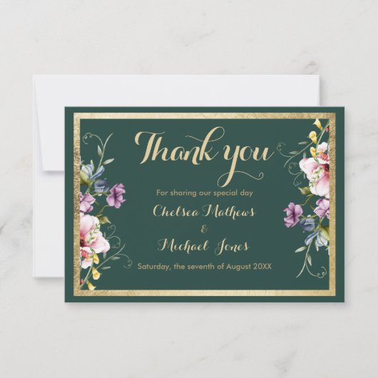 Elegante bos groen goud roze bloemen Dank u Bedankkaart (Voorkant)