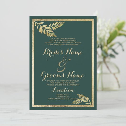 Elegante bos groen gouden blad bruiloft kaart (Staand voorkant)