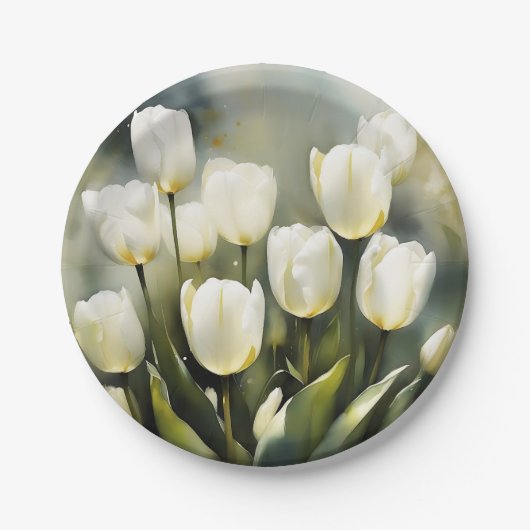 Elegante bos witte tulpen in een serene tuin papieren bordje (Voorkant)
