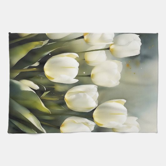 Elegante bos witte tulpen in een serene tuin theedoek (Horizontaal)