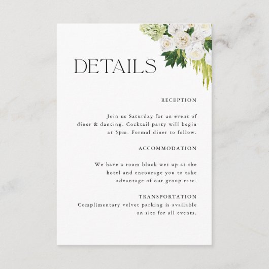 Elegante Botanische Bloemen Bruiloft Details Informatiekaartje (Voorkant)