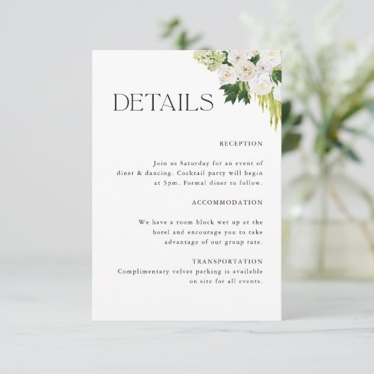 Elegante Botanische Bloemen Bruiloft Details Informatiekaartje (Staand voorkant)
