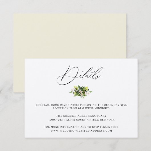 Elegante Botanische Citroenen Bruiloft Details Kaa Kaart (Voorkant / Achterkant)