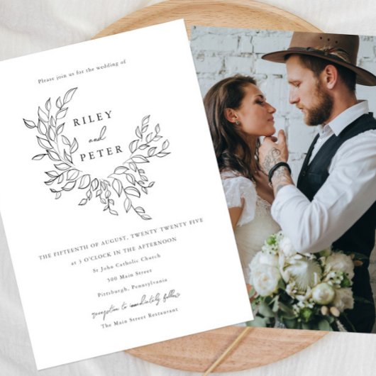 Elegante Botanische Crest Chic Script Fotobruiloft Kaart