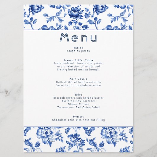 Elegante botanische Delfts blauw en wit menu (Voorkant)