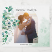 Elegante botanische eucalyptus verlaat fotobruilof sparkling wijnetiket (Enkel label)