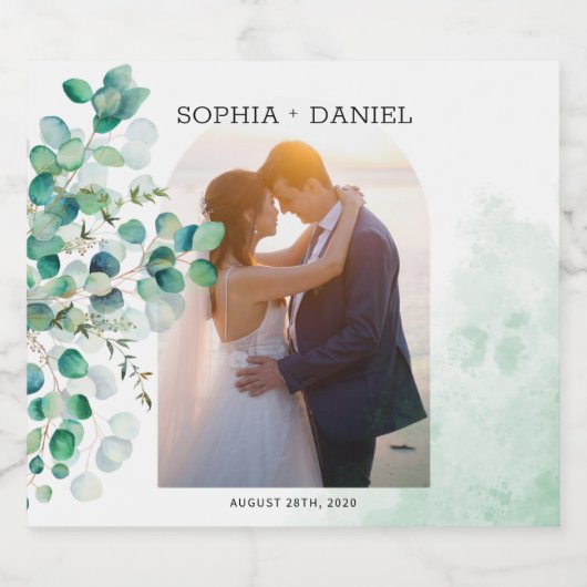 Elegante botanische eucalyptus verlaat fotobruilof sparkling wijnetiket (Enkel label)