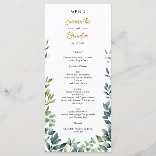 Elegante botanische groen bladeren Bruiloft Menu (Voorkant)