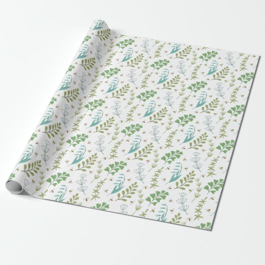 Elegante botanische groen gebladerte honingbij cadeaupapier (Uitgerold)