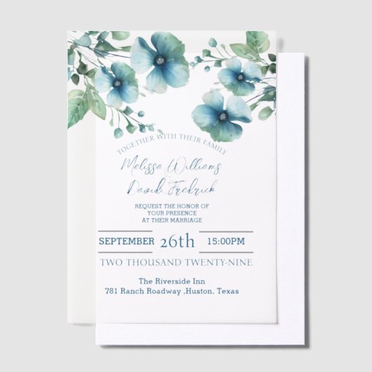 Elegante botanische groene blauwe bloemen bruiloft vellum uitnodigingen (Offset)