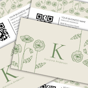 Elegante botanische groene ecru klaproos bloemen Q Visitekaartje