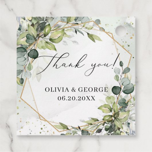 Elegante botanische groene eucalyptus goud geometr bedankjes labels (Achterkant)