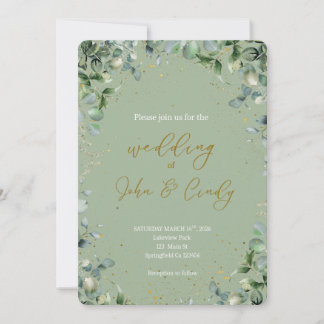 Elegante Botanische Groene & Gouden Stof Bruiloft  Kaart