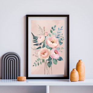 Elegante Botanische Harmonie Roze en Salie Bloem Poster