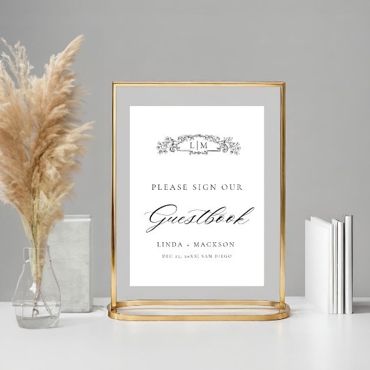 Elegante botanische kam monogram bruiloft gastenbo poster