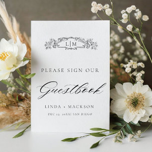 Elegante botanische kam monogram bruiloft gastenbo reclamebord met voetstuk