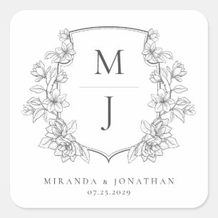 Elegante Botanische Kam Monogram Bruiloft Vierkante Sticker