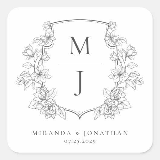 Elegante Botanische Kam Monogram Bruiloft Vierkante Sticker (Voorkant)