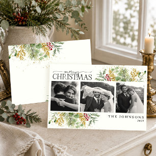 Elegante botanische kerstfoto van pasgetrouwden feestdagenkaart
