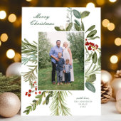 Elegante botanische kerstkaart met één foto in wat