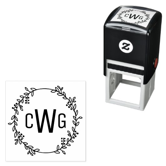 Elegante Botanische krans 3 Initiaal Monogram #1 Zelfinktende Stempel (In situ)
