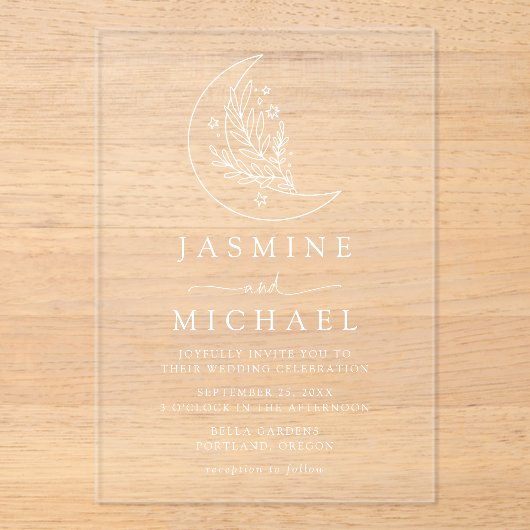 Elegante Botanische Maan en Sterren Bruiloft Acryl Uitnodigingen (Voorkant)