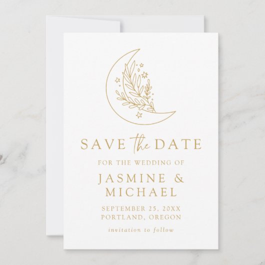 Elegante Botanische Maan en Sterren Gouden Huwelij Save The Date (Voorkant)