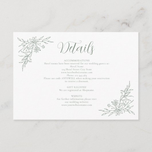 Elegante Botanische Monogram Sage Bruiloft Details Informatiekaartje (Voorkant)