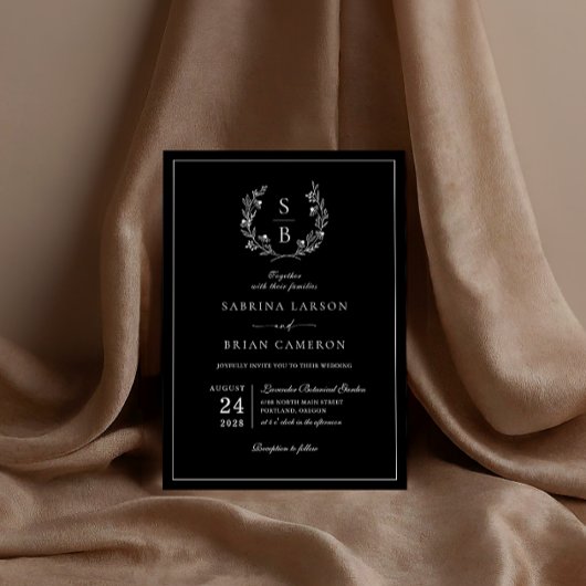 Elegante botanische monogramkrans zwarte bruiloft kaart