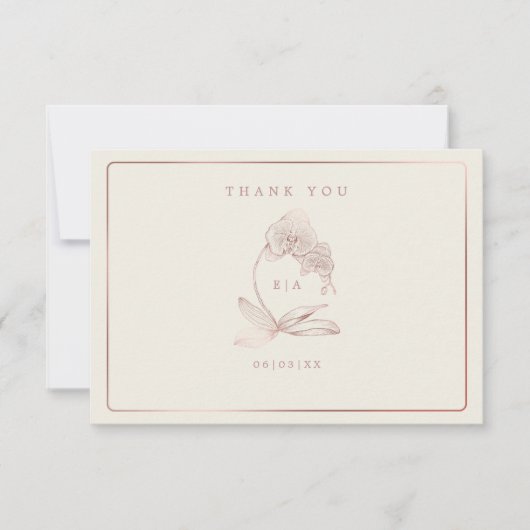 Elegante botanische orchidee monogram bruiloft bedankkaart (Voorkant)