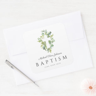Elegante Botanische Religieuze Kruis Doop Vierkante Sticker