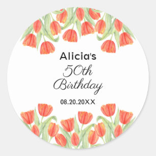 Elegante Botanische Rode Tulp 50ste Verjaardag Ronde Sticker