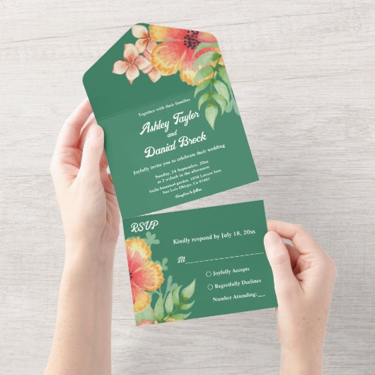 Elegante Botanische Rozen Groene Herfst Bloemenbru All In One Uitnodiging (Afscheurbaar)