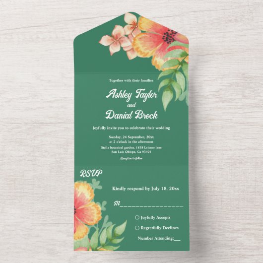 Elegante Botanische Rozen Groene Herfst Bloemenbru All In One Uitnodiging (Binnen)