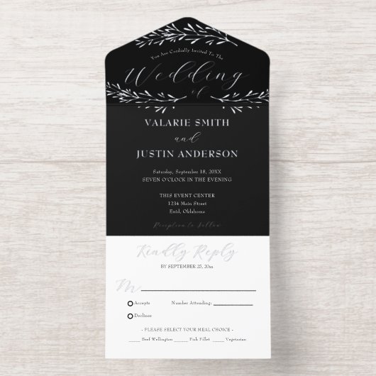 Elegante Botanische Tak Echte Folie bruiloft All In One Uitnodiging (Binnenkant)