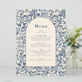 Elegante botanische thema blauw en crème boog menu (Staand voorkant)