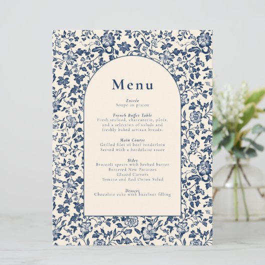 Elegante botanische thema blauw en crème boog menu (Staand voorkant)