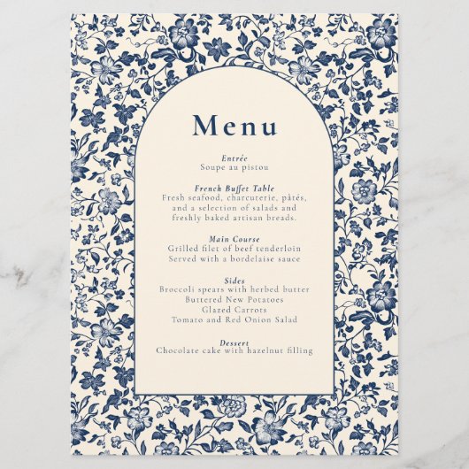 Elegante botanische thema blauw en crème boog menu (Voorkant)