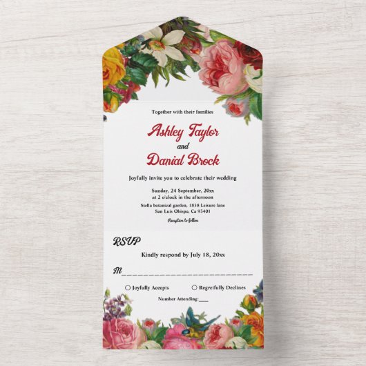 Elegante Botanische Tuin Boho Rozen Bloemenbruilof All In One Uitnodiging (Binnen)