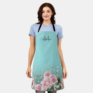 Elegante Botanische Turquoise Script Naam Monogram Schort