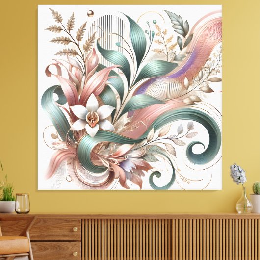 Elegante Botanische Werveling Bloemen Canvas Muurk (Insitu (Woonkamer))