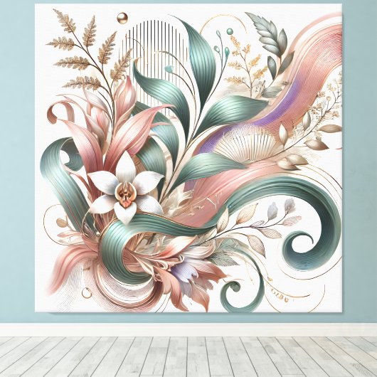 Elegante Botanische Werveling Bloemen Canvas Muurk (Insitu (Houten vloer))