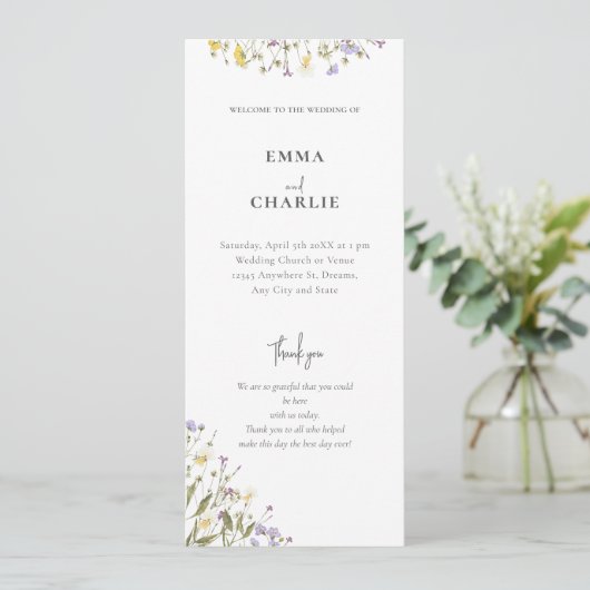 Elegante botanische wilde bloem Script Wedding Programma (Staand voorkant)