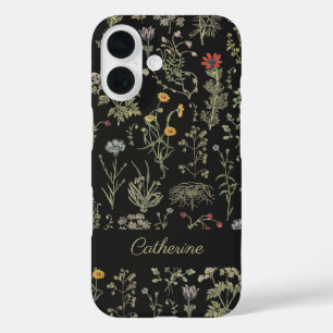Elegante Botanische  Wildflowers Naam Zwart iPhone 16 Hoesje