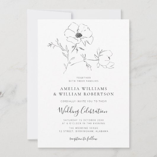 Elegante botanische zwart-wit bruiloft kaart (Voorkant)