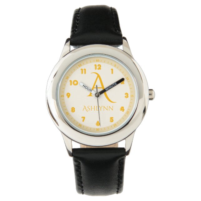 Elegante Boter Geel Kinder Monogram Horloge (Voorkant)