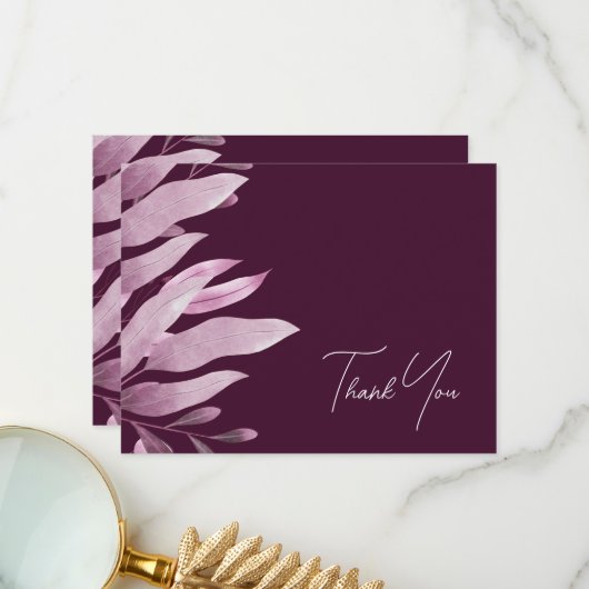 Elegante Bourgogne Big Leaves Bruiloft Dank u Kaar Bedankkaart (Voorkant / Achterkant in situ)