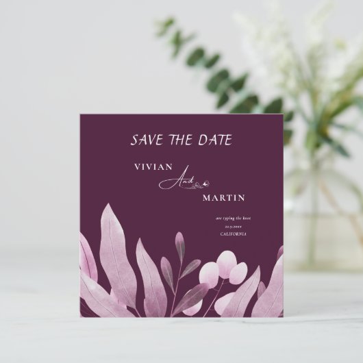 Elegante Bourgogne Big Leaves Monogram Save the Da Kaart (Staand voorkant)