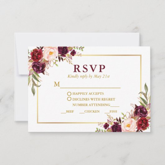 Elegante Bourgogne Bloemen Gouden Trouwmaaltijd RSVP Kaartje (Voorkant)