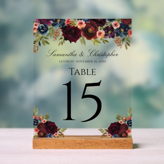Elegante Bourgogne Bloemen Trouwtafel Acryl Bord (Neutraal)
